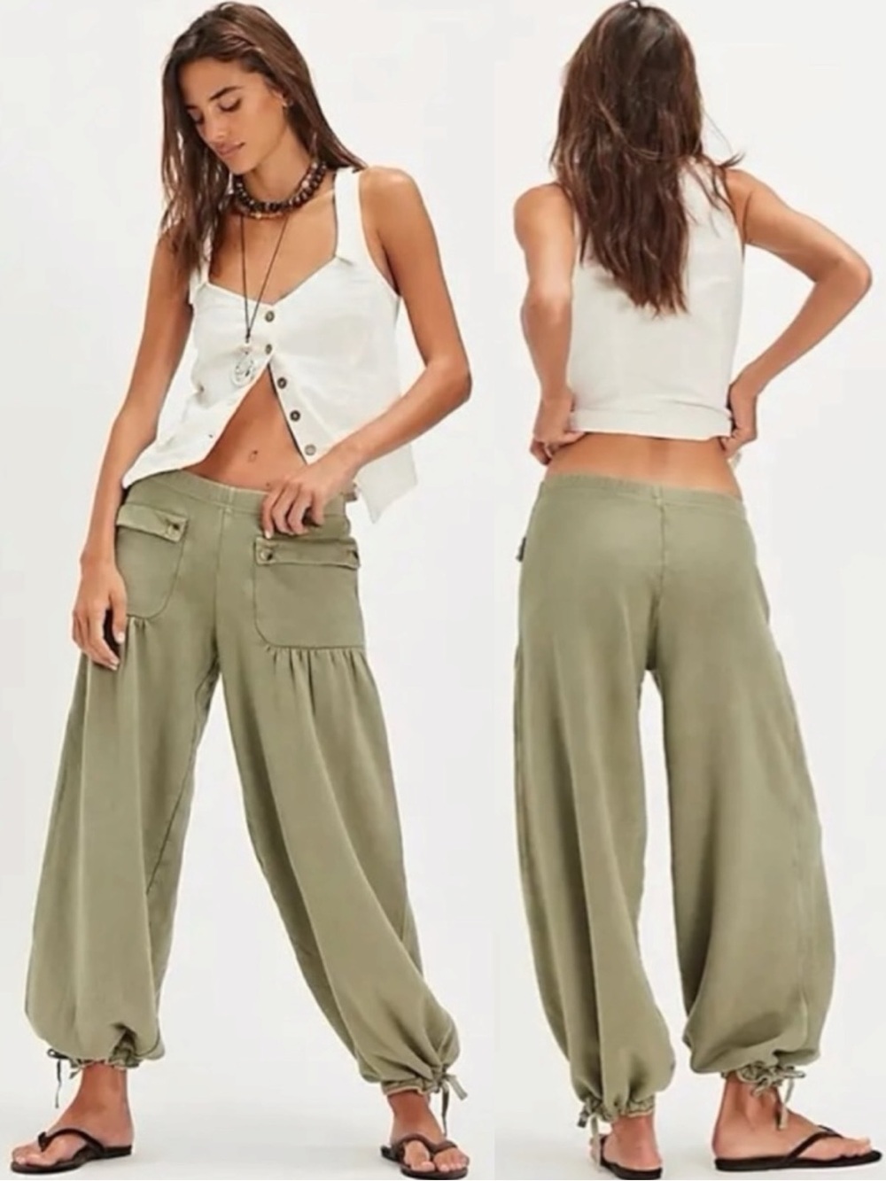 Free People FP One Bohemian Wide Leg Barrel Arden Knit Pants Sage Green Large
